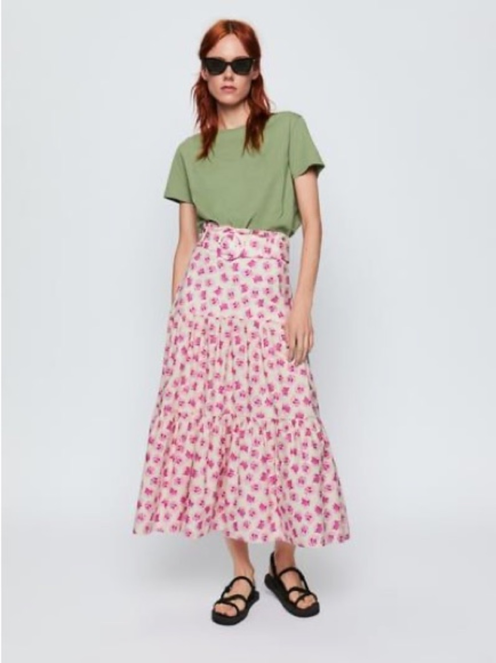ZARA Floral Print Belted Tiered Midi Skirt | Size S 🎀